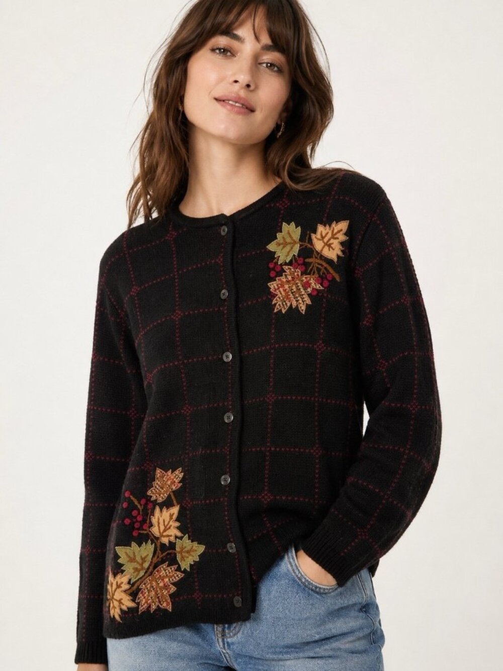 vintage FALL AUTUMN CARDIGAN SWEATER leaves embroidered XL knit cozy boho